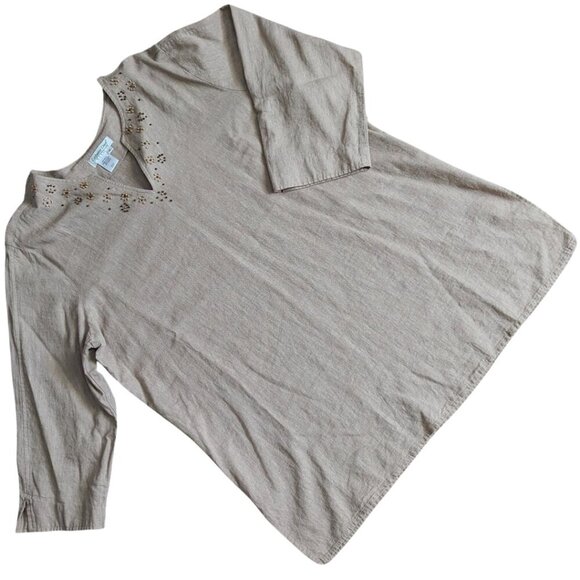 Coldwater Creek Tops - Coldwater Creek Tan Linen Blend Beaded Tunic Notched Neckline Lagenlook Sz XL